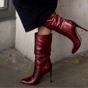 Marc Fisher Romy Metallic Shiny Burgundy Heeled Boots